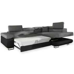 Canapé d'angle convertible Antoni avec têtières relevables Simili Noir et Tissu Gris foncé | 3 Suisse