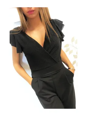 Combinaison noir croisé avec poche et brillant au buste