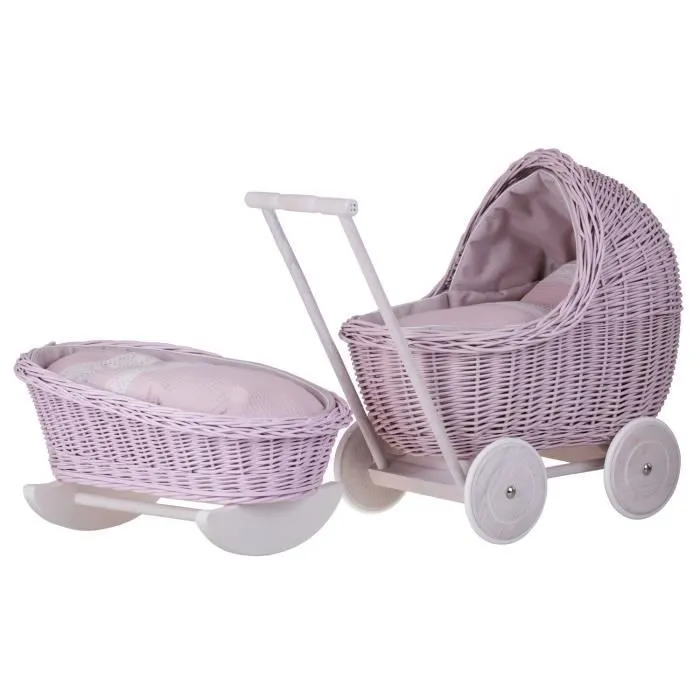 Ensemble poussette et berceau en osier pour poupée - ROSE - jusqu'à 35 cm