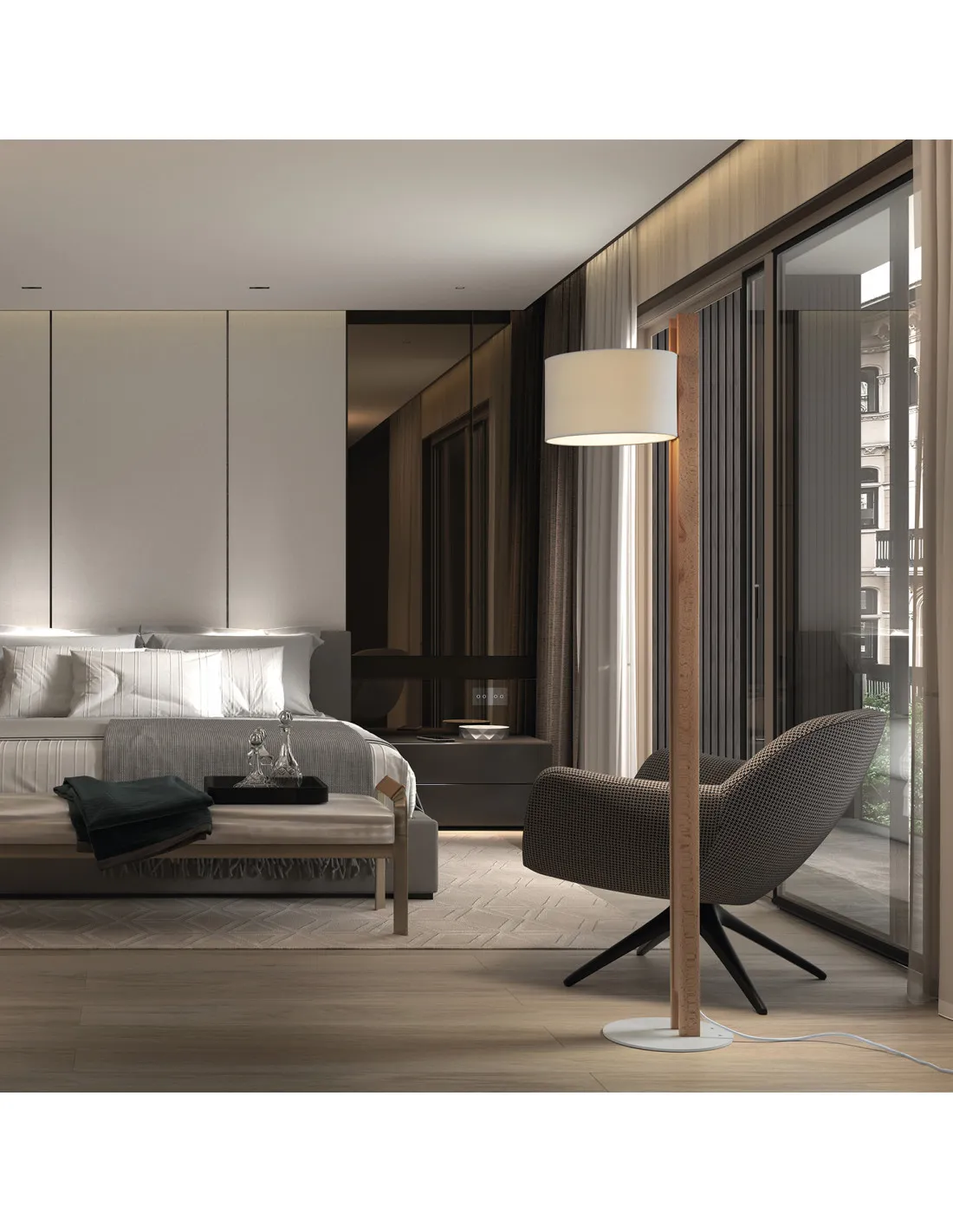 Lampadaire de salon COMPACT E27 40W Coton blanc Bois de hêtre NOVOLUX LIGHTING 621E-G05X1A-50-CA