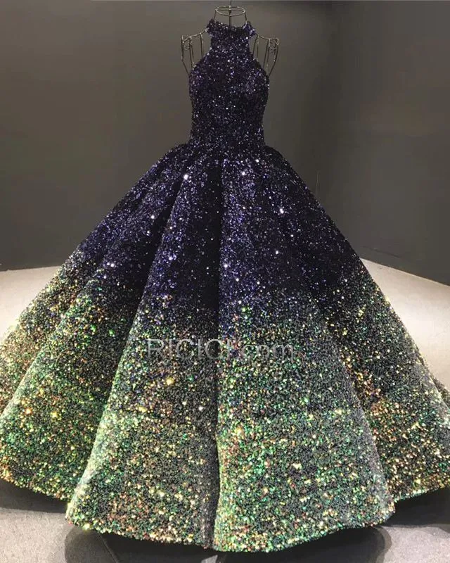 Licou Boule Scintillante Robe Quinceanera Robe Ceremonie Longue Epaule Nu Luxe Bleu Marine Paillette Dégradée Robe De Bal