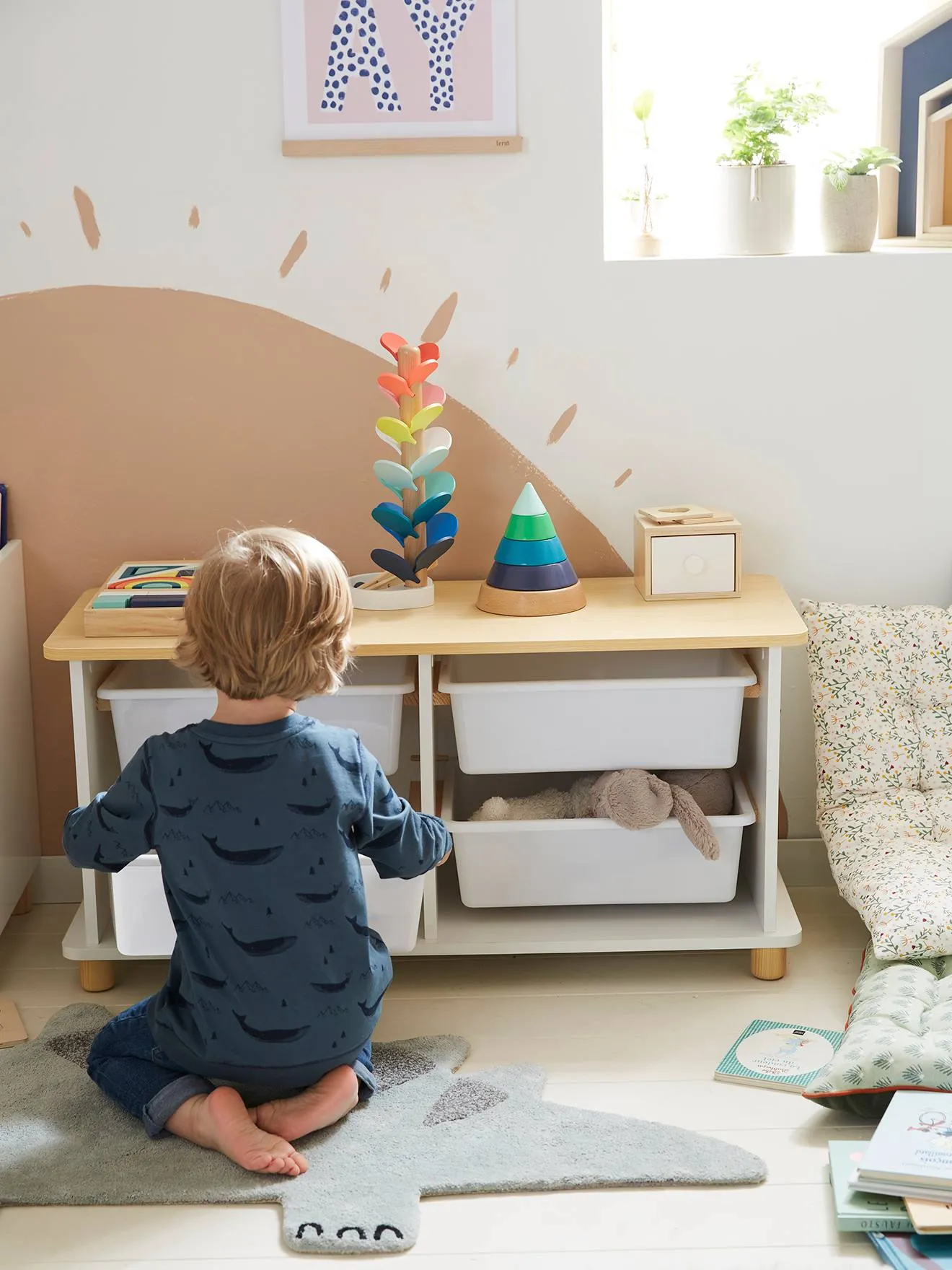 Meuble de rangement + 4 bacs LIGNE PTILOU blanc/bois - Vertbaudet