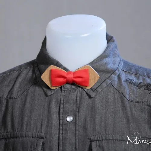 Pour enfant : noeud papillon garçon en bois et tissu rouge vif
