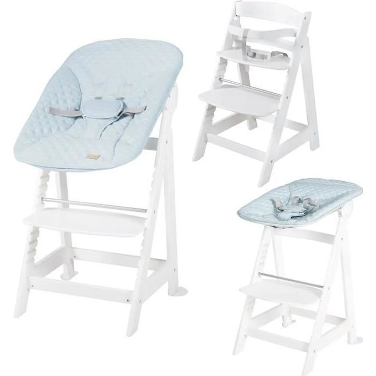 ROBA Chaise Haute Évolutive Born Up 2 en 1 + Transat Inclinable Bleu Clair - roba Style - Dès la Naissance - Bois Blanc blanc - 