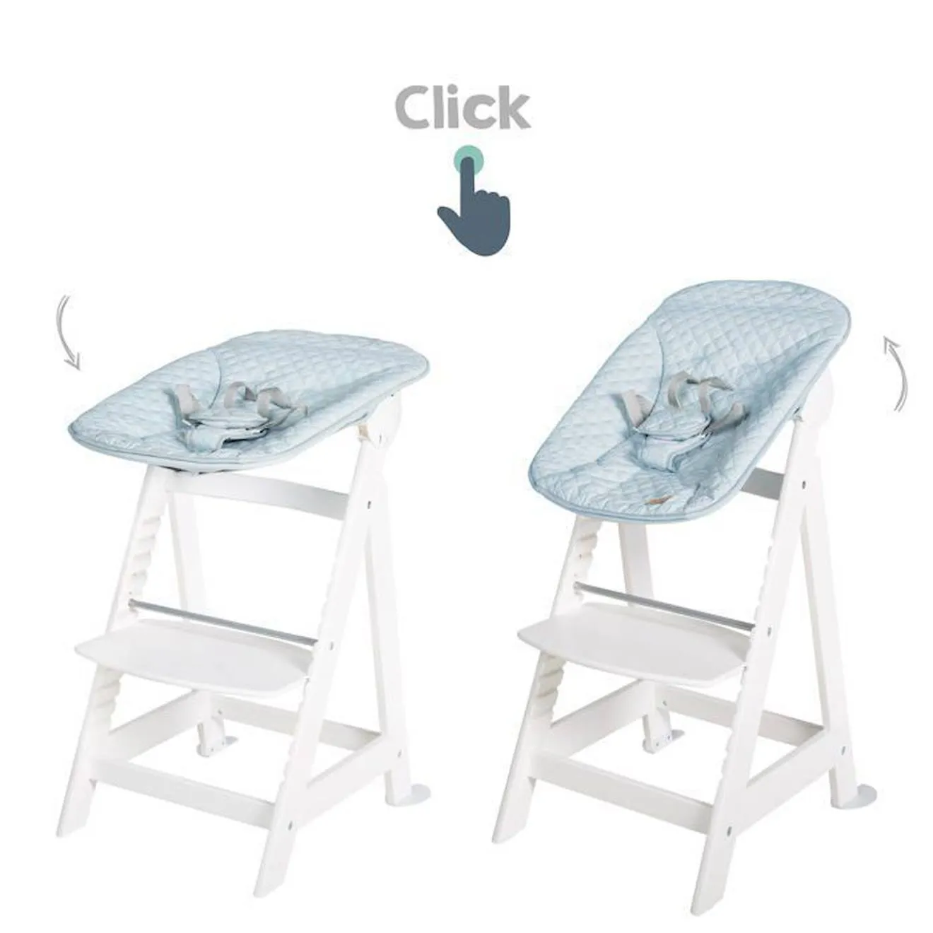 ROBA Chaise Haute Évolutive Born Up 2 en 1 + Transat Inclinable Bleu Clair - roba Style - Dès la Naissance - Bois Blanc blanc - 