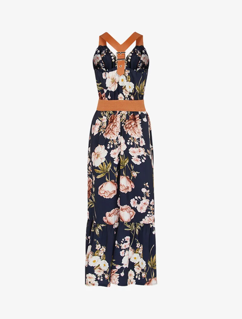 Robe à imprimés et bretelles simili - Marine