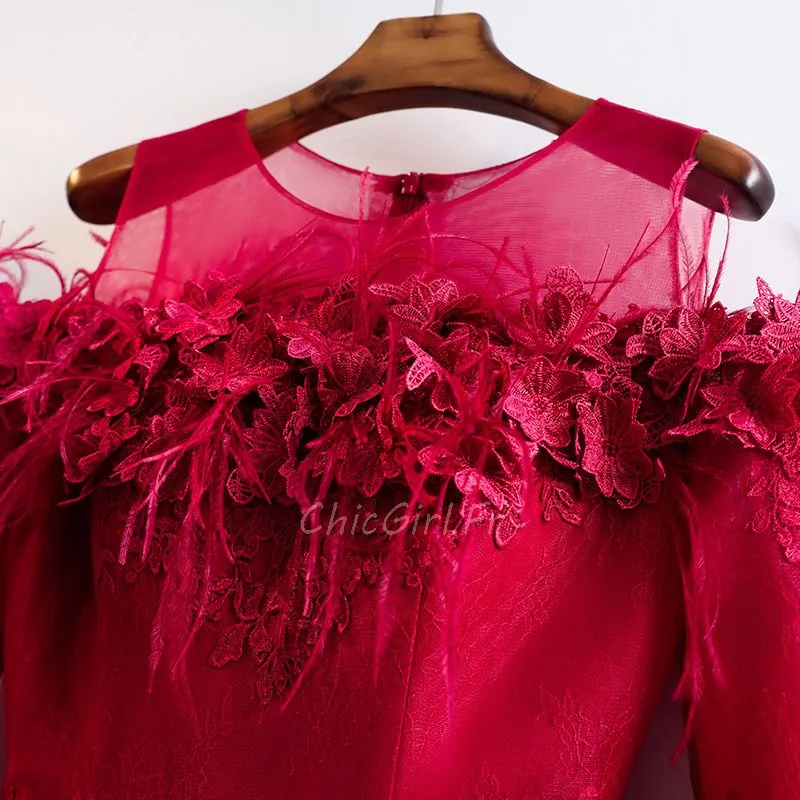 Robe De Bal Ceremonie Manche Longue Rouge Dentelle Avec Fleur Plumes