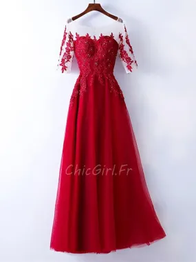 Robe De Bal Longue Rouge Tulle Dentelle Perle Manche 3 4 Col Bateau