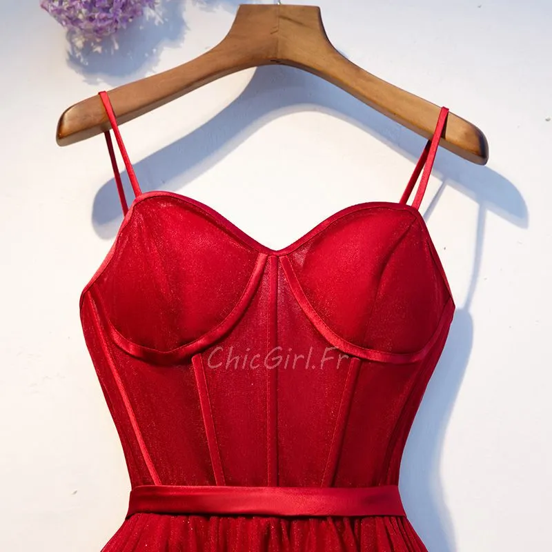 Robe De Soirée Simple Mi Longue Rouge Tulle Avec Bretelle
