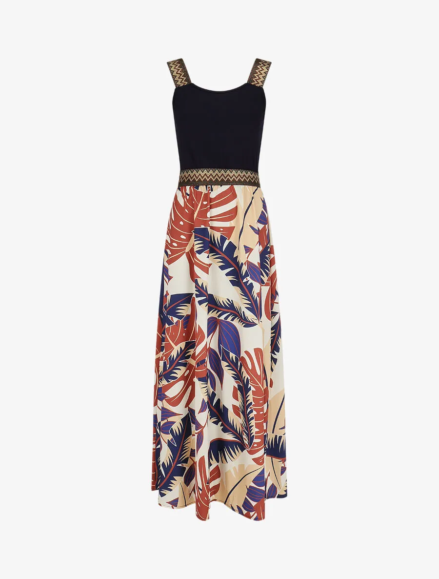 Robe longue à bretelles imprimé tropical - Marine