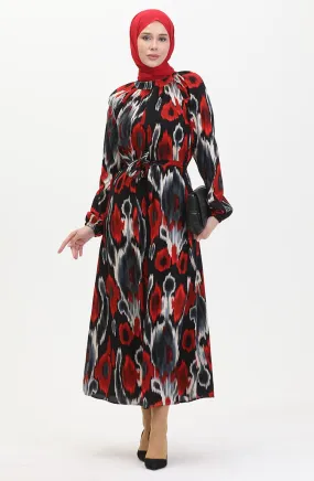 Robe Viscose A Motifs Et Ceinturée 0501A-02 Rouge Claret 0501A-02