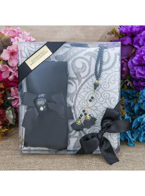 Silk Nur Taffeta Prayer Rug Black & Pearl Rosary Tasbih Rose Black & Black Shawl & Zikr Counter