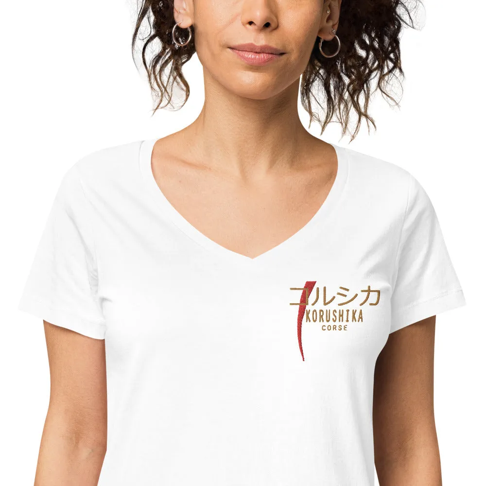 T-shirt col V Brodé ajusté Korushika (Corse en Japonnais)
