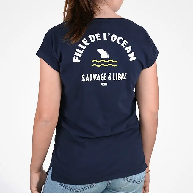 T-shirt Col V Fille de l'Océan - Marine